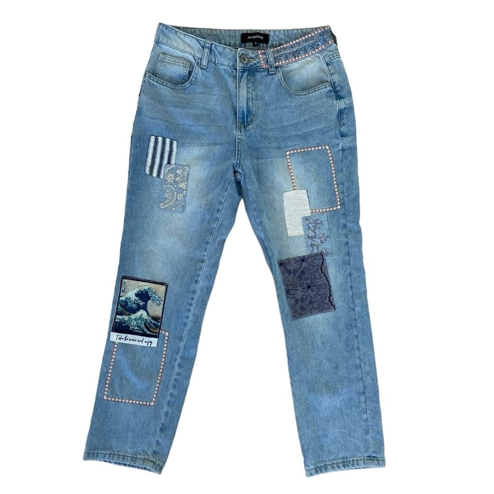 Desigual jeans patchwork ankle mom style baggy high rise waist lightwash blue 26